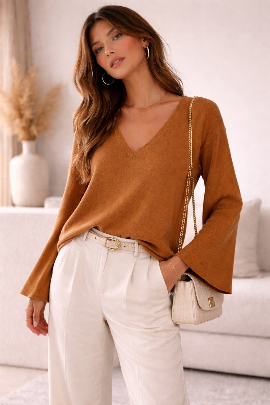Reformation Brown Organic Cotton Blend V Neck Sweater Women S Bell Sleeve Luxury